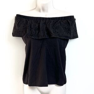 Oakridge Off Shoulder Cotton Eyelet Ruffle Black Pullover Blouse Top Small